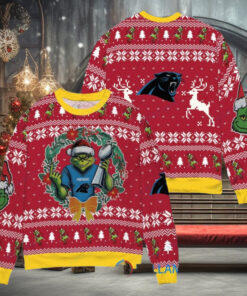 Carolina Panthers x Grinch NFL Dr. Seuss How the Grinch Stole Christmas with Super Bowl Trophy Ugly Christmas Sweater Red