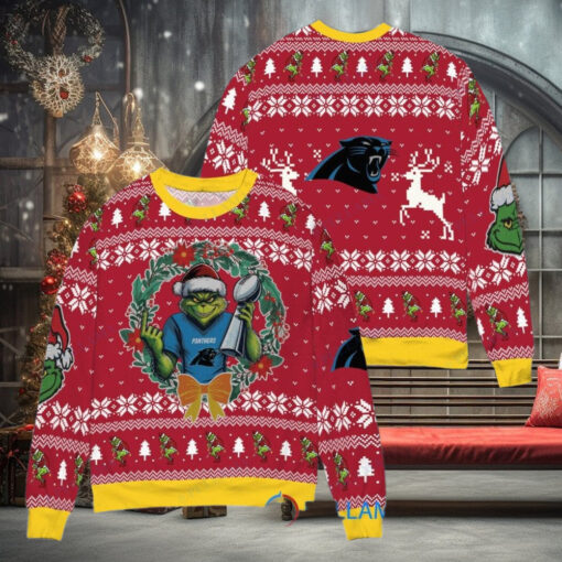 Carolina Panthers x Grinch NFL Dr. Seuss How the Grinch Stole Christmas with Super Bowl Trophy Ugly Christmas Sweater Red
