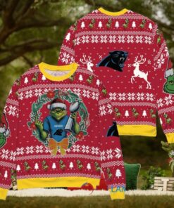 Carolina Panthers x Grinch NFL Dr. Seuss How the Grinch Stole Christmas with Super Bowl Trophy Ugly Christmas Sweater Red