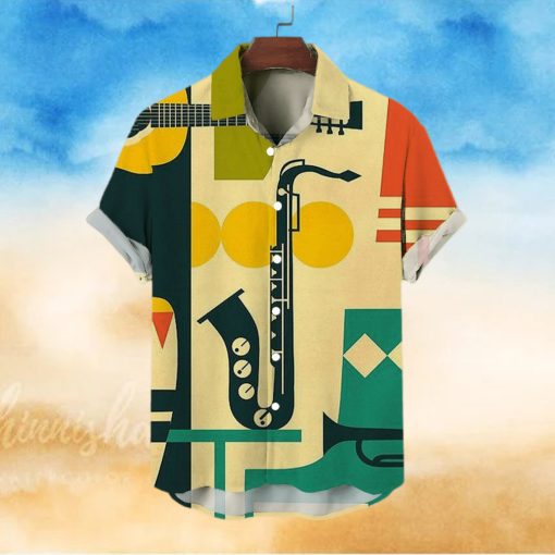 Casual Shirt Musical Instrument Items Print Lapel Hawaiian Short Sleeve Shirt