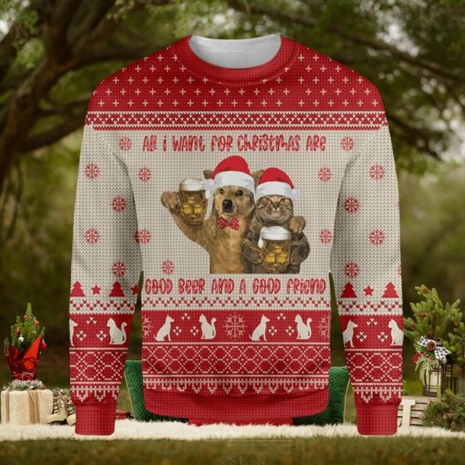 Cat All I Want For Christmas Are Good Beer And A Good Friend Ugly Christmas Sweater