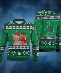 Cat Christmas Sweater, Sphynx Cat Falling Snowflakes Ugly Christmas Sweater 3D