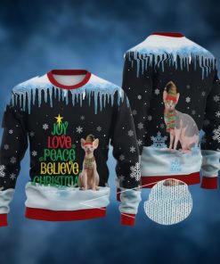 Cat Christmas Sweater, Sphynx Cat Joy Love Peace Believe Ugly Christmas Sweater