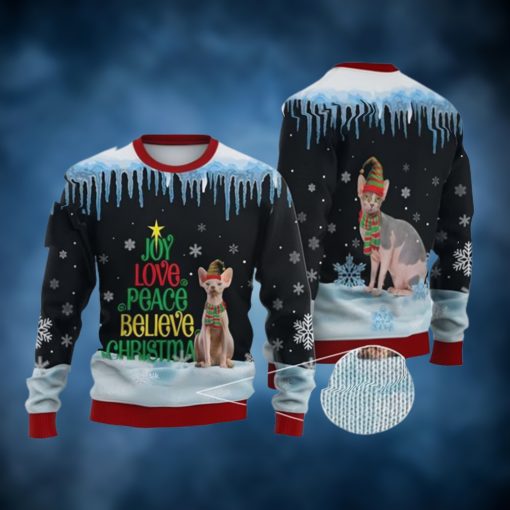Cat Christmas Sweater, Sphynx Cat Joy Love Peace Believe Ugly Christmas Sweater
