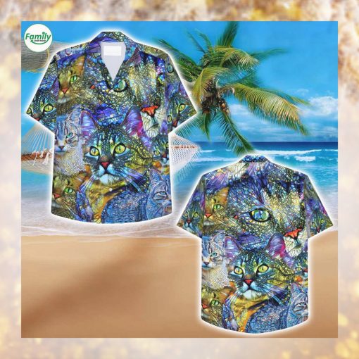 Cat Mosaic Yellow Eyes Hawaiian Shirt