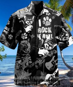 Cat Rock D Roll Cool Music Lover Short Sleeve Rock Music Button Up For Summer Hawaiian Shirt