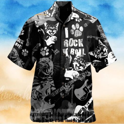 Cat Rock D Roll Cool Music Lover Short Sleeve Rock Music Button Up For Summer Hawaiian Shirt