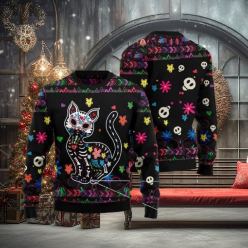 Cat Sugar Skull Floral Pattern Ugly Christmas 3D Sweater
