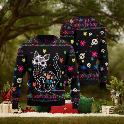 Cat Sugar Skull Floral Pattern Ugly Christmas 3D Sweater