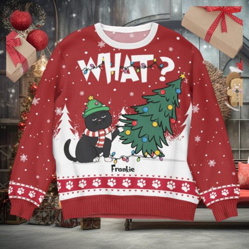 Cat What   Christmas Tree   Personalized Ugly Sweater