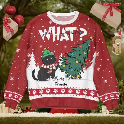 Cat What   Christmas Tree   Personalized Ugly Sweater