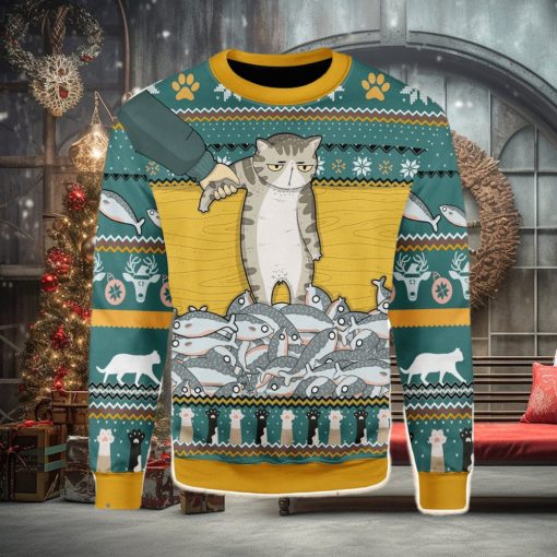 Cat With Fish Ugly Christmas Sweater Xmas Gift Men And Women Christmas Sweater