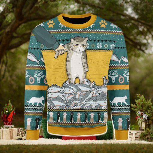 Cat With Fish Ugly Christmas Sweater Xmas Gift Men And Women Christmas Sweater