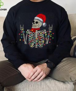 Caterpillar Christmas Skeleton Rocker Wrapped In Xmas Lights Santa Hat Long Sleeve T shirt