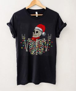 Caterpillar Christmas Skeleton Rocker Wrapped In Xmas Lights Santa Hat Long Sleeve T shirt
