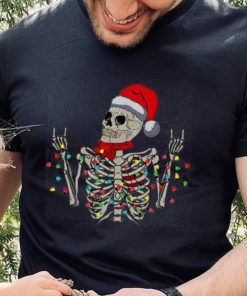 Caterpillar Christmas Skeleton Rocker Wrapped In Xmas Lights Santa Hat Long Sleeve T shirt