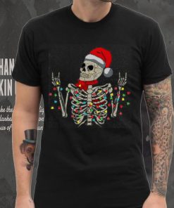 Caterpillar Christmas Skeleton Rocker Wrapped In Xmas Lights Santa Hat Long Sleeve T shirt