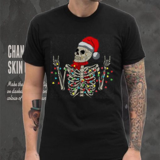 Caterpillar Christmas Skeleton Rocker Wrapped In Xmas Lights Santa Hat Long Sleeve T shirt