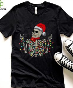 Caterpillar Christmas Skeleton Rocker Wrapped In Xmas Lights Santa Hat Long Sleeve T shirt