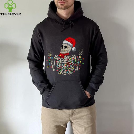 Caterpillar Christmas Skeleton Rocker Wrapped In Xmas Lights Santa Hat Long Sleeve T shirt
