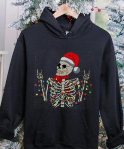 Caterpillar Christmas Skeleton Rocker Wrapped In Xmas Lights Santa Hat Long Sleeve T shirt