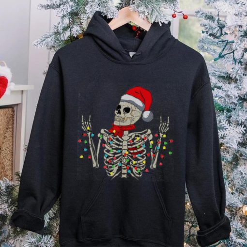 Caterpillar Christmas Skeleton Rocker Wrapped In Xmas Lights Santa Hat Long Sleeve T shirt