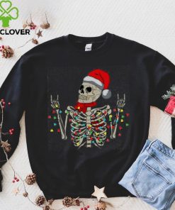 Caterpillar Christmas Skeleton Rocker Wrapped In Xmas Lights Santa Hat Long Sleeve T shirt
