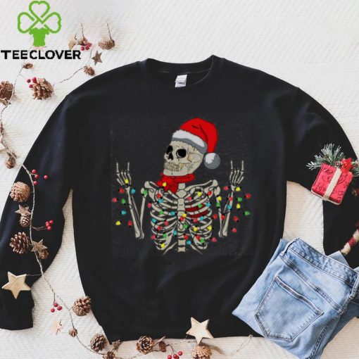 Caterpillar Christmas Skeleton Rocker Wrapped In Xmas Lights Santa Hat Long Sleeve T shirt