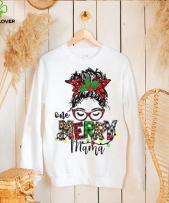 Caterpillar One Merry Mama Leopard Messy Bun Buffalo Plaid Christmas T shirt in White