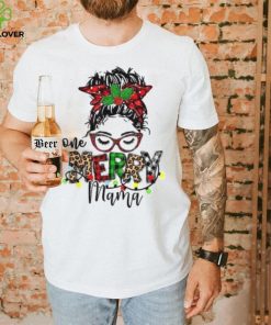 Caterpillar One Merry Mama Leopard Messy Bun Buffalo Plaid Christmas T shirt in White