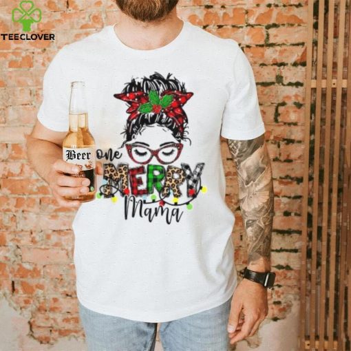 Caterpillar One Merry Mama Leopard Messy Bun Buffalo Plaid Christmas T shirt in White