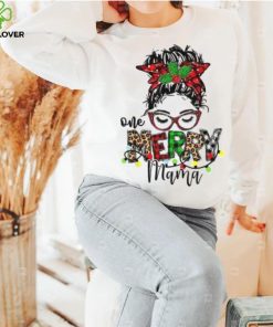 Caterpillar One Merry Mama Leopard Messy Bun Buffalo Plaid Christmas T shirt in White