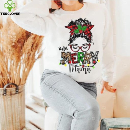 Caterpillar One Merry Mama Leopard Messy Bun Buffalo Plaid Christmas T shirt in White