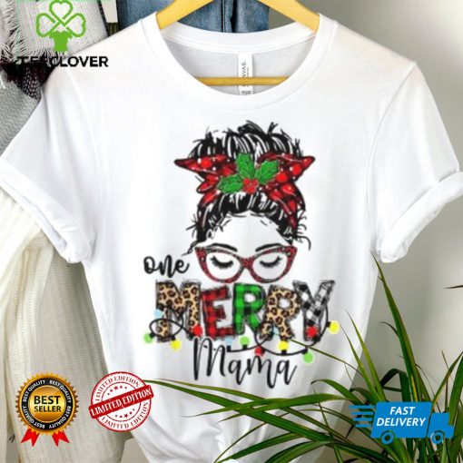 Caterpillar One Merry Mama Leopard Messy Bun Buffalo Plaid Christmas T shirt in White