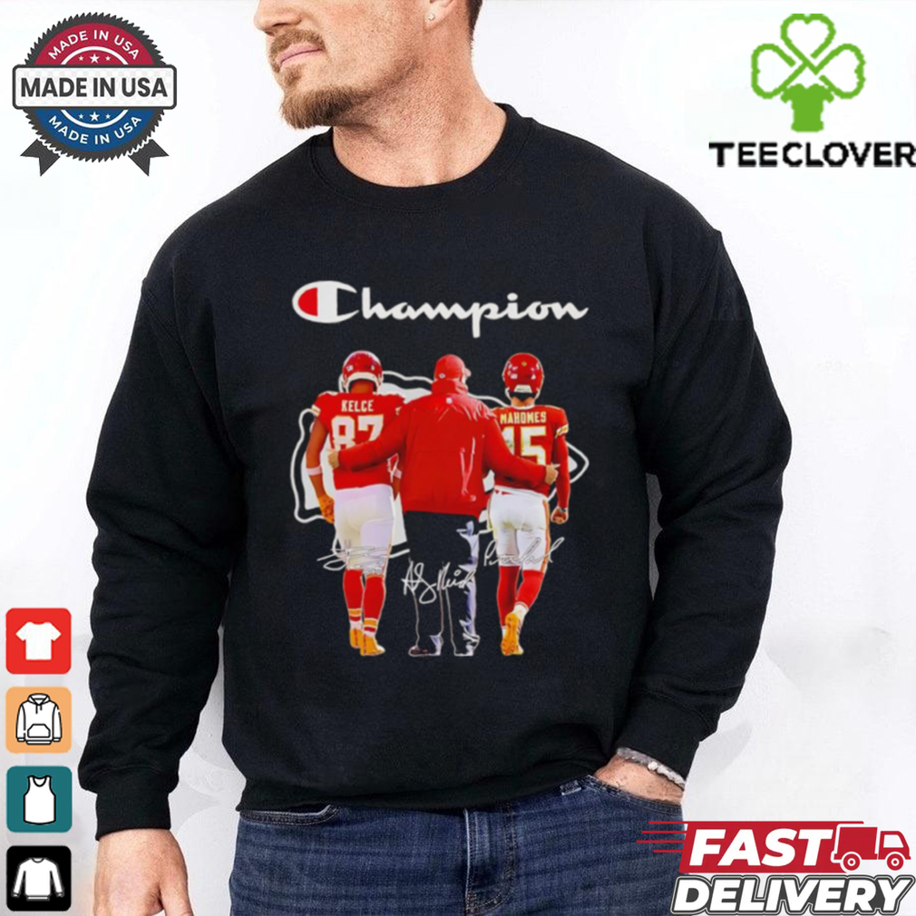 Champion Travis Kelce Andy Reid and Patrick Mahomes signatures shirt Champion Travis Kelce Andy Reid and Patrick Mahomes signatures shirt