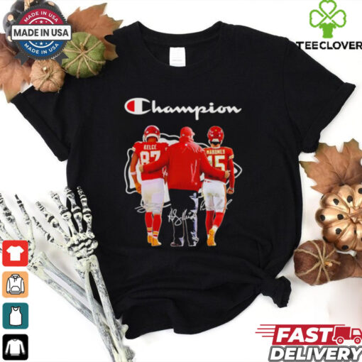 Champion Travis Kelce Andy Reid and Patrick Mahomes signatures shirt