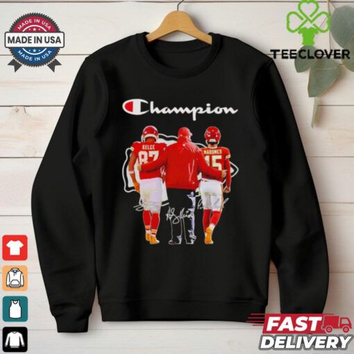 Champion Travis Kelce Andy Reid and Patrick Mahomes signatures shirt