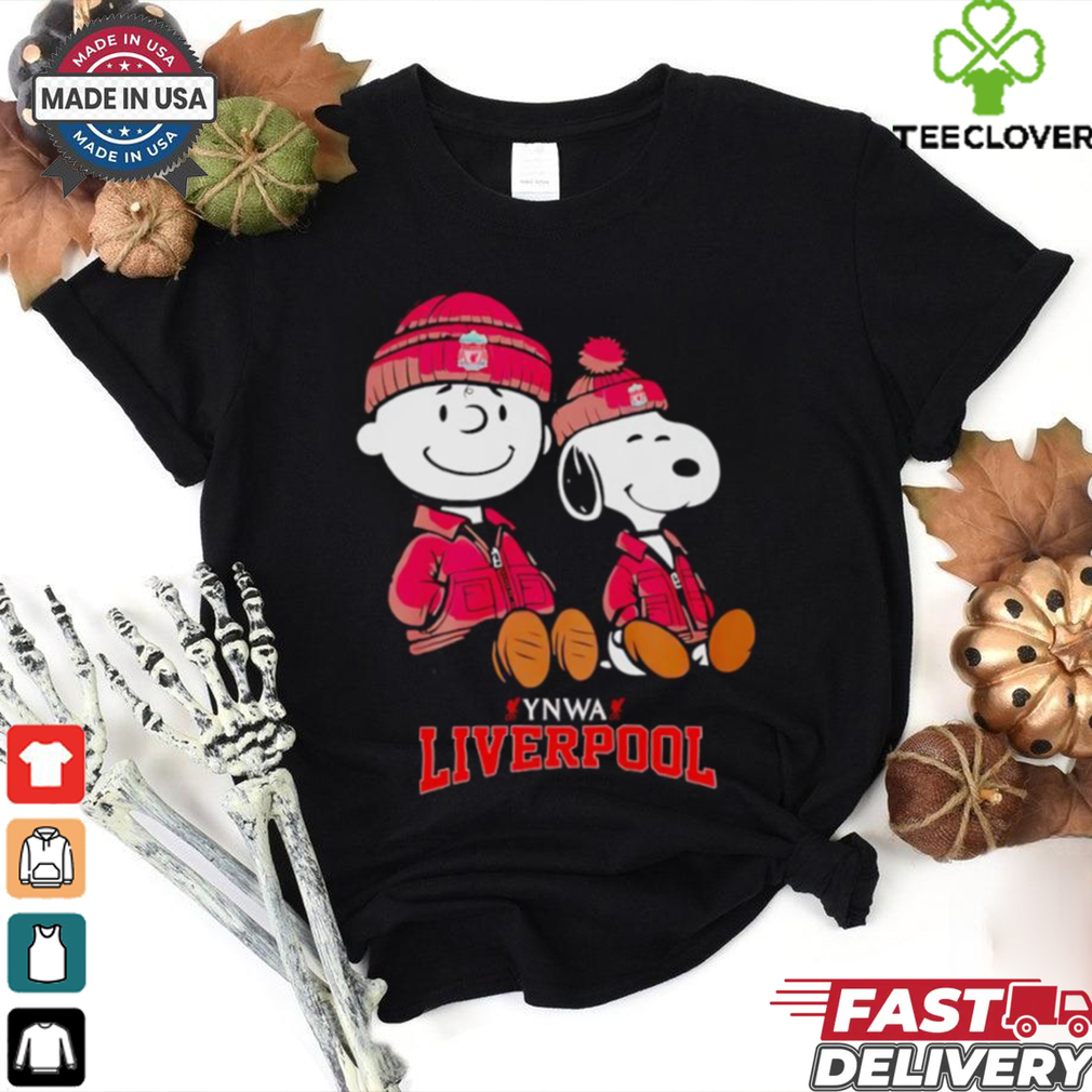Charlie Brown and Snoopy YNWA Liverpool sitting shirt Charlie Brown and Snoopy YNWA Liverpool sitting shirt