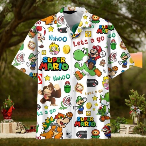 Cheap Lets Go White Super Mario Button Up Hawaiians Shirt