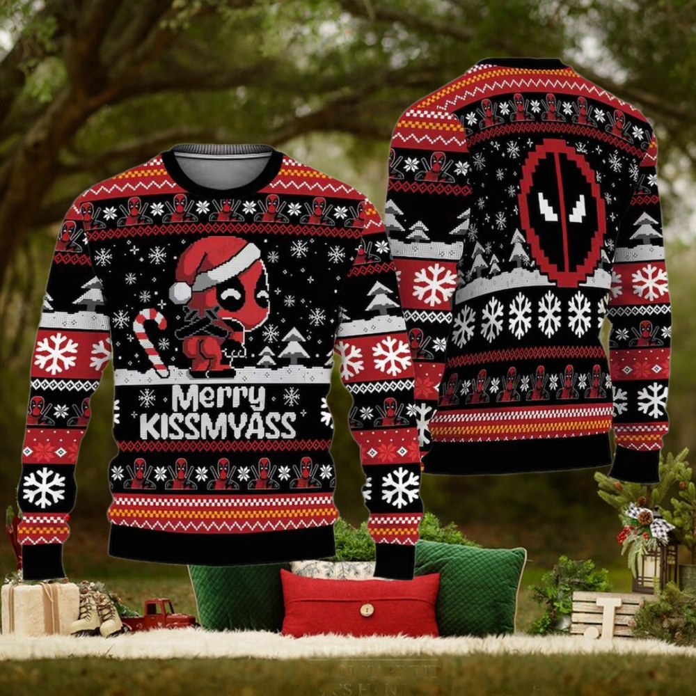 Chibi Deadpool Merry Kissmyass Ugly Christmas Sweater Chibi Deadpool Merry Kissmyass Ugly Christmas Sweater
