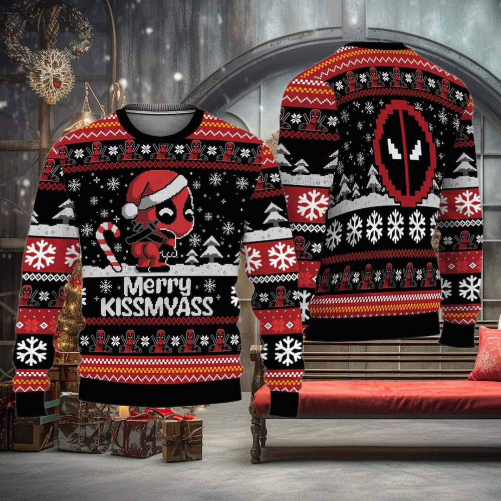 Chibi Deadpool Merry Kissmyass Ugly Christmas Sweater Chibi Deadpool Merry Kissmyass Ugly Christmas Sweater