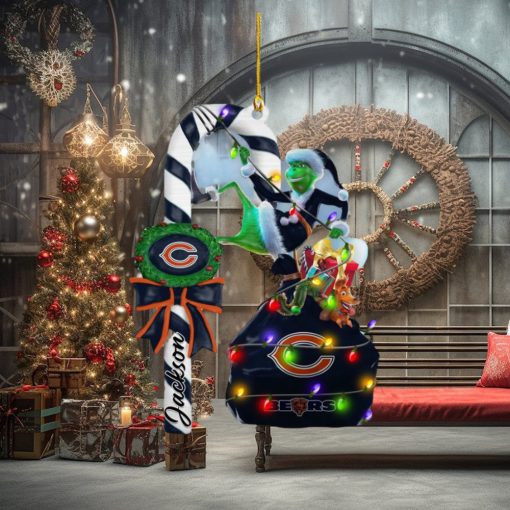 Chicago Bears NFL Custom Name Grinch Candy Cane Ornament 2 Side