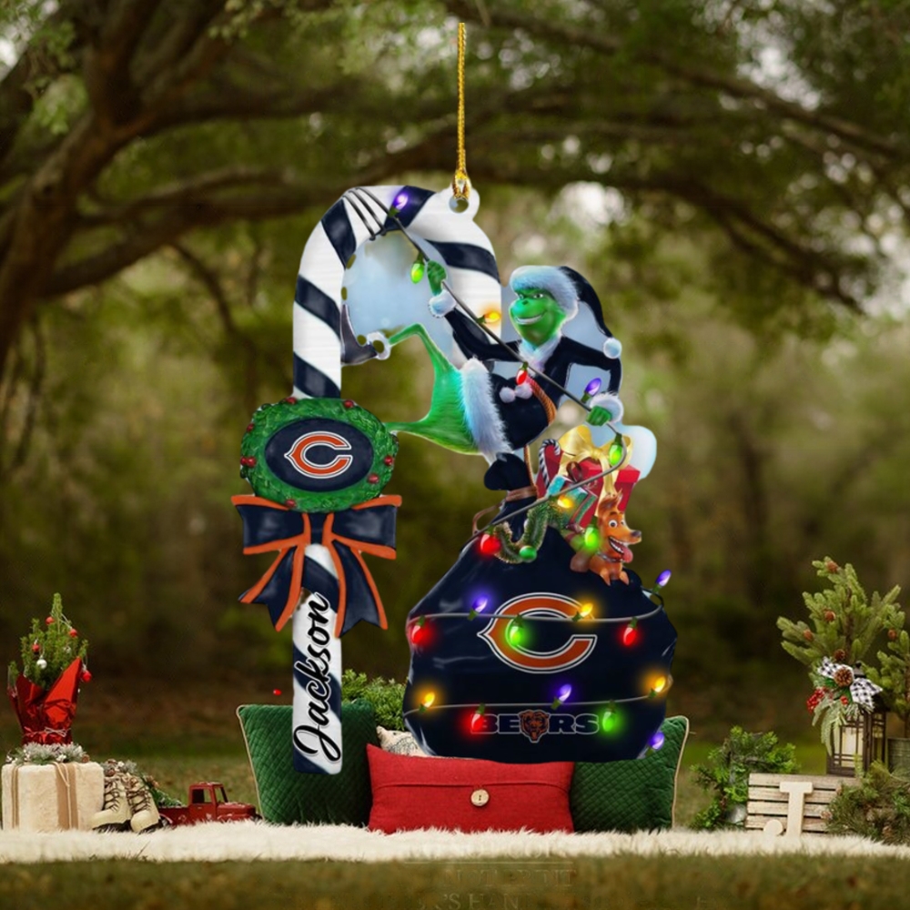 Chicago Bears NFL Custom Name Grinch Candy Cane Ornament 2 Side Chicago Bears NFL Custom Name Grinch Candy Cane Ornament 2 Side