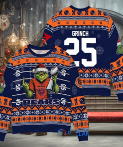 Chicago Bears x Grinch Christmas Dr. Seuss How the Grinch Stole Christmas with Super Bowl Trophy Custom Ugly Christmas Sweater