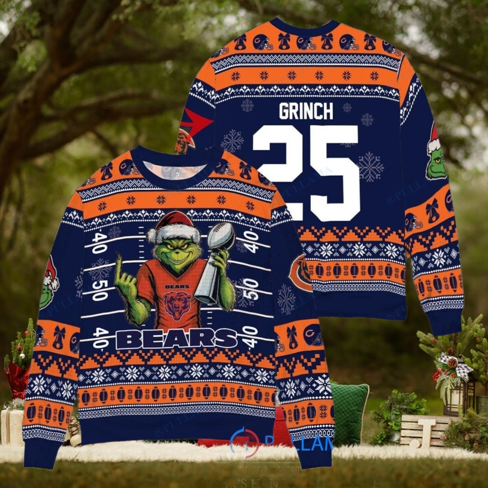Chicago Bears x Grinch Christmas Dr. Seuss How the Grinch Stole Christmas with Super Bowl Trophy Custom Ugly Christmas Sweater Chicago Bears x Grinch Christmas Dr. Seuss How the Grinch Stole Christmas with Super Bowl Trophy Custom Ugly Christmas Sweater