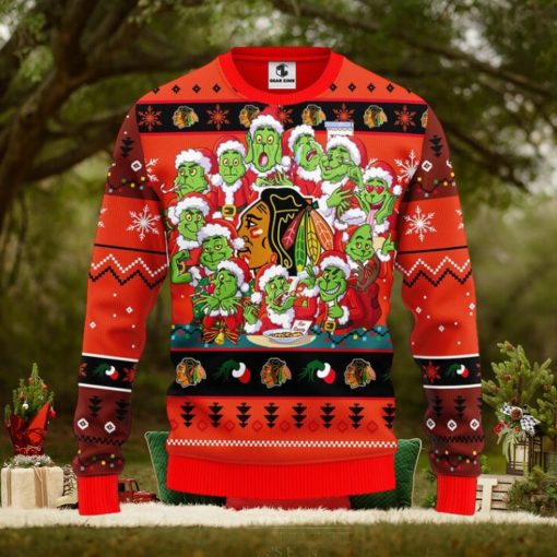 Chicago Blackhawks 12 Grinch Xmas Day Christmas Ugly Sweater