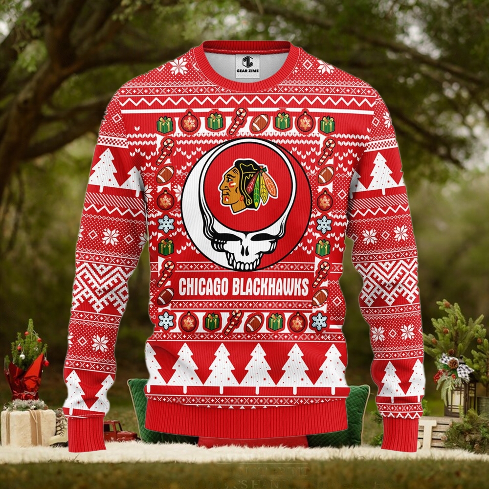 Chicago Blackhawks Grateful Dead Ugly Ugly Sweater Christmas Chicago Blackhawks Grateful Dead Ugly Ugly Sweater Christmas