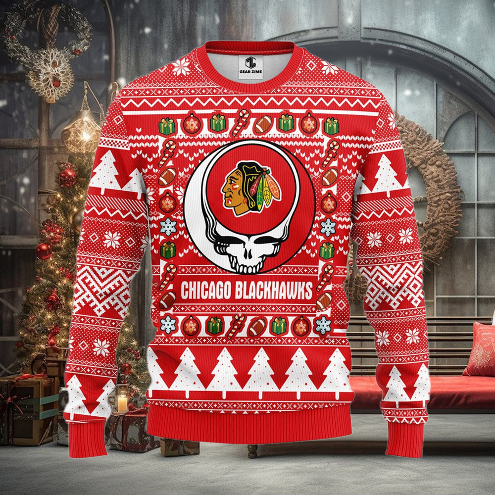 Chicago Blackhawks Grateful Dead Ugly Ugly Sweater Christmas Chicago Blackhawks Grateful Dead Ugly Ugly Sweater Christmas