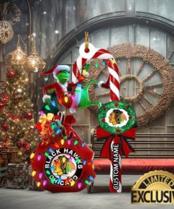 Chicago Blackhawks NHL Grinch Candy Cane Personalized Xmas Gifts Christmas Tree Decorations Ornament