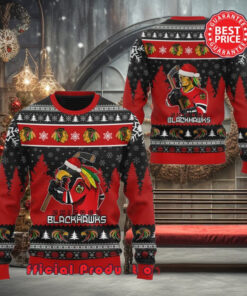 Chicago Blackhawks Tommy Hawk Santa Hat Ugly Christmas Sweater